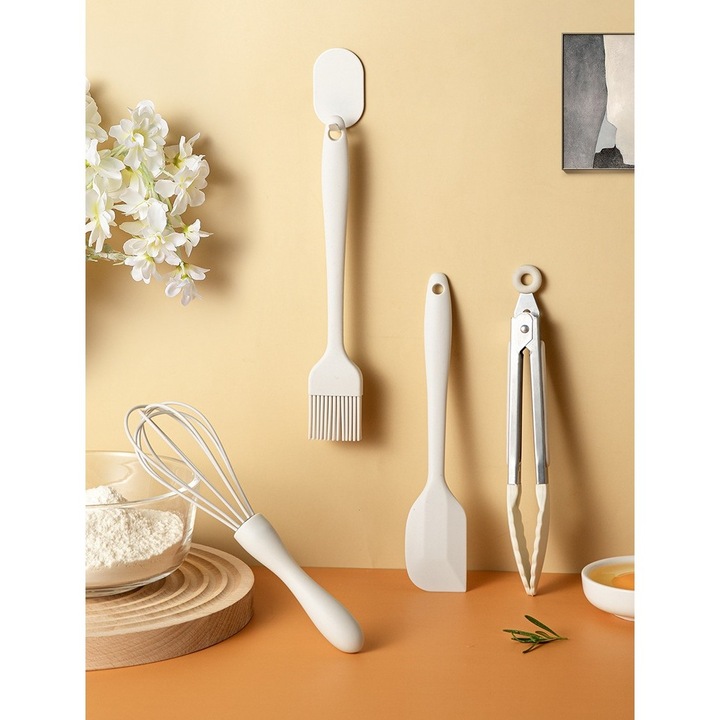 Set 4 Ustensile de Bucatarie din Silicon+Inox Termorezistente Antiaderente 20 x 15 x 4 cm Alb Ivory