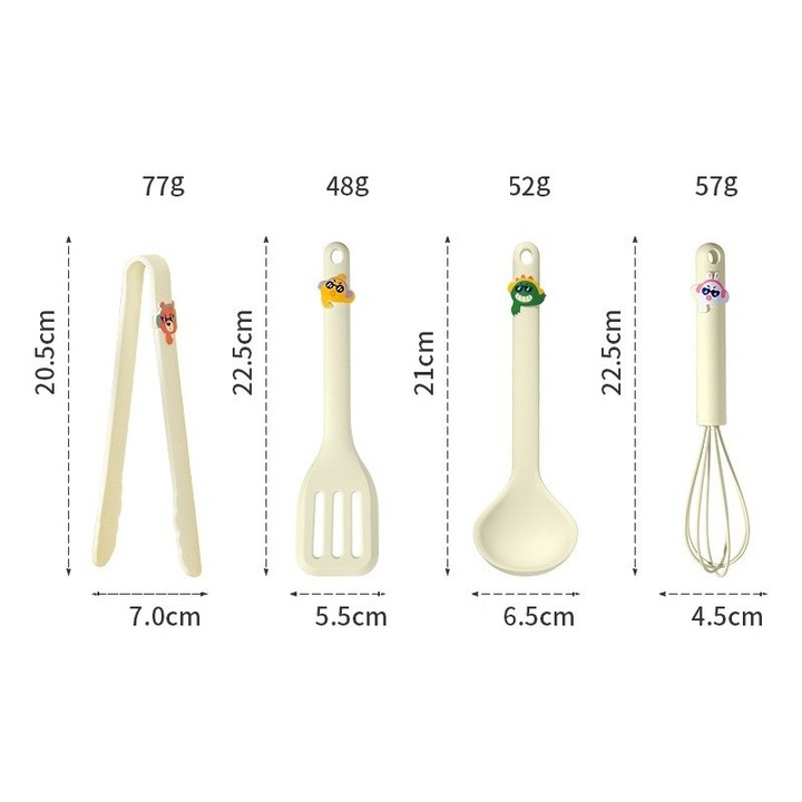 Set 4 Ustensile de Bucatarie, pentru Copii, din Silicon, Termorezistente, Design Animat, 13 x 24 x 5 cm, Bej