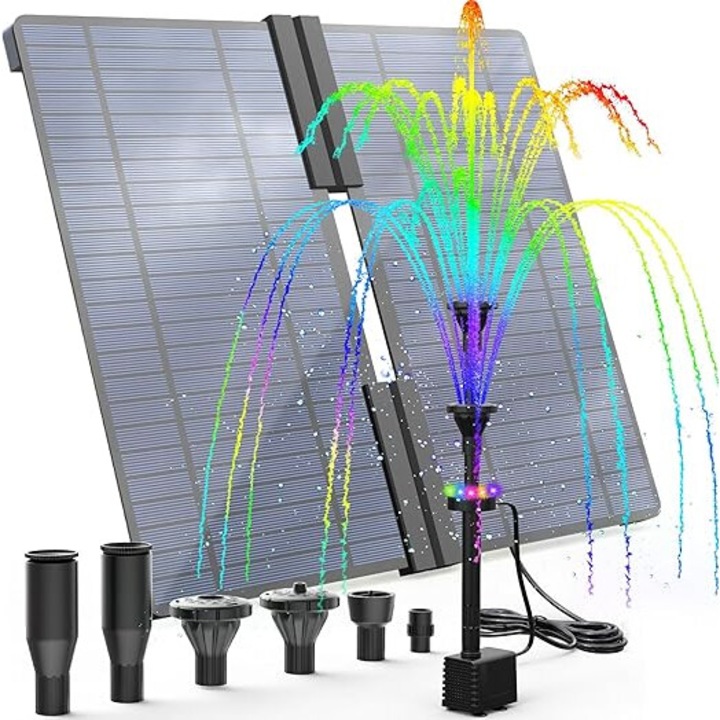 Соларен фонтан с RGB LED 20W, с 3 x 2500mAh батерии, сгъваема соларна помпа за езерце с регулируема стойка, външен соларен фонтан с 6 ефекта на пръскане за градината
