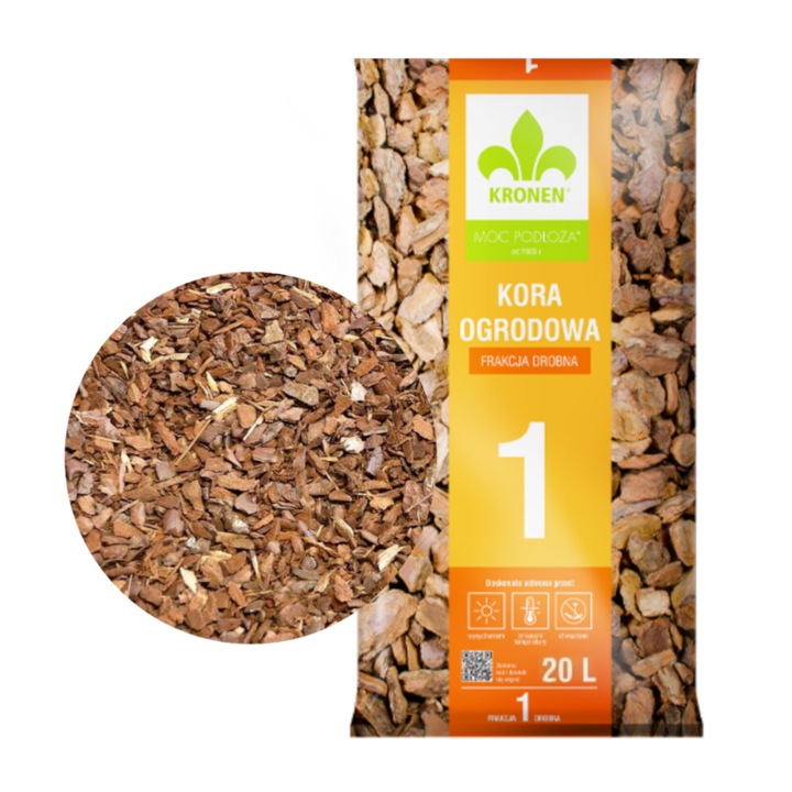 Kerti kéreg, Kronen, 1-es frakció, Természetes, Finom 8-20mm, Térfogat 20l, Növények mulcsozásához, Javítja a talaj tulajdonságait, Védi a gyökérrendszert, Sötétbarna