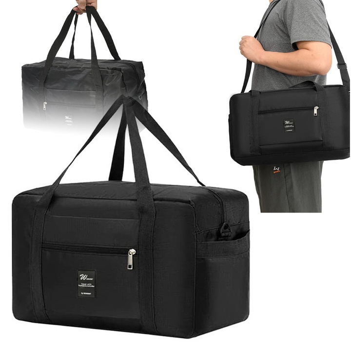 Сгъваема пътна чанта за пътувания със самолет, къмпинг и туризъм, 41 x 30 x 17 см, черна