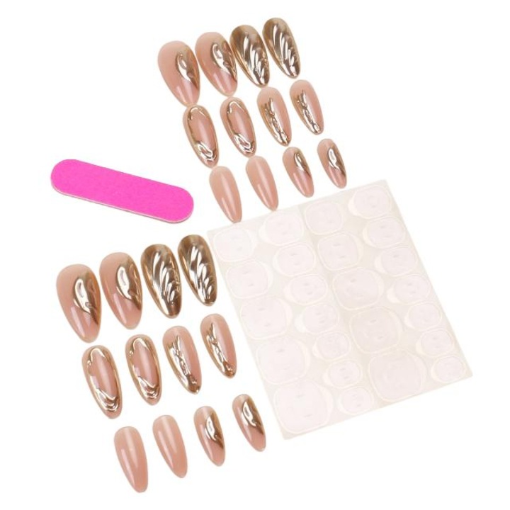 Set 24 unghii false, MYSEVENDAY, ABS, Tip press on, Reutilizabile, Nude/Auriu, Dimensiune medie