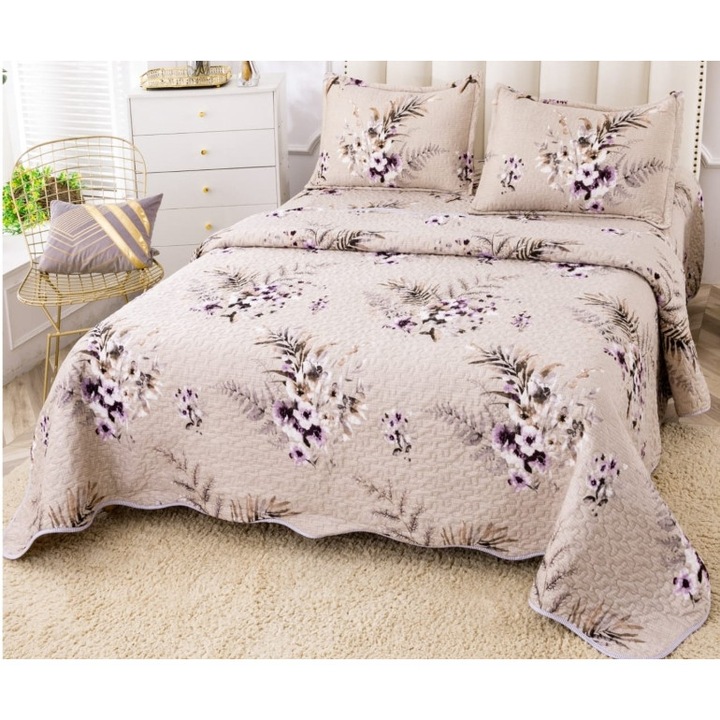 Cuvertura de pat, Bumbac si IN, Imprimeu Floral, 5 piese, 2 persoane, 230x250cm, Multicolor