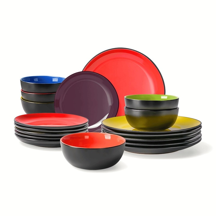 Serviciu de masa pentru 6 persoane, Set 18 piese Le Papillon, Boluri, Farfurii intinse, ceramica, multicolor