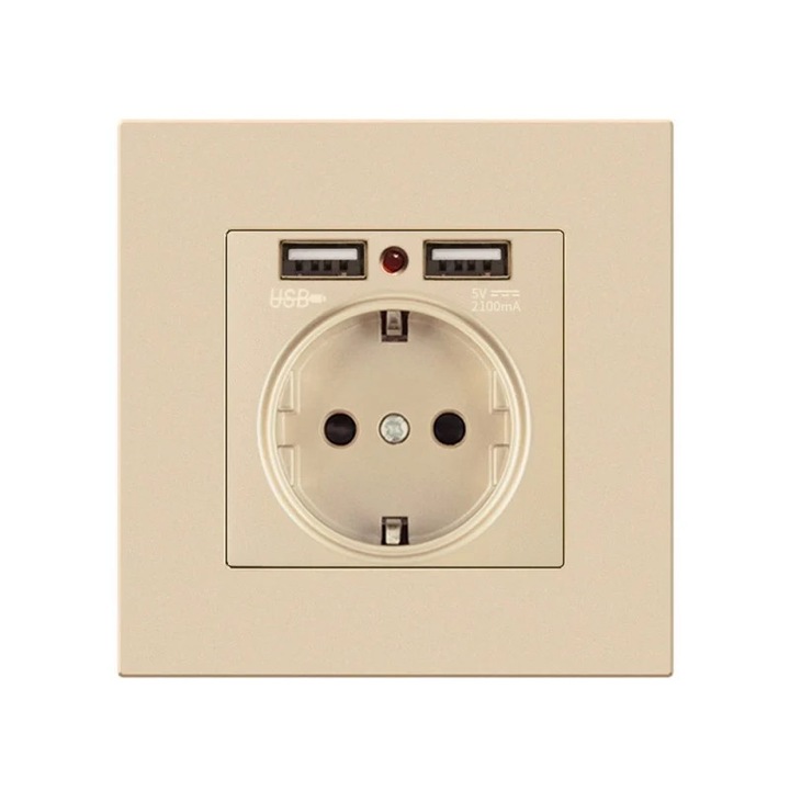 Стенен контакт с 2 USB порта Techstar® TS-PC, 110-250V, 16A, Огнеупорен, 86x86mm, златен