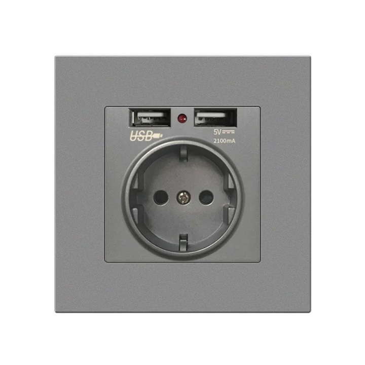 Стенен контакт с 2 USB порта Techstar® TS-PC, 110-250V, 16A, Огнеупорен, 86x86mm, Сив