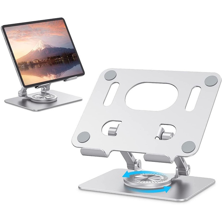 Suport tableta ergonomic Hesasa®, baza cu rotatie 360°, suport dispozitiv cu inclinare 180°, Compatibil cu iPad Pro/Air/Mini, protectie anti-zgarieturi pentru tableta, pliabil, universal, portabil, metal, Argintiu