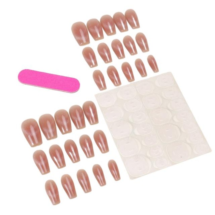 Set 30 unghii false, MYSEVENDAY, ABS, Tip press on, Reutilizabile, Nude/Argintiu, Dimensiune medie