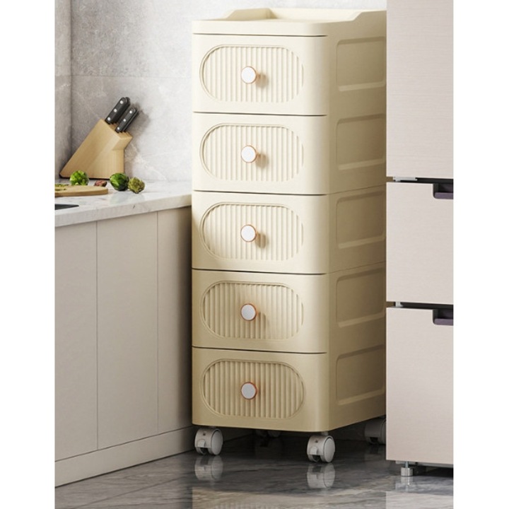 Сгъваем пластмасов скрин Taotigzu, с 5 чекмеджета, вратички и колелца, за съхранение в спалня, офис или килер, Кремав цвят, Пластмасов органайзер