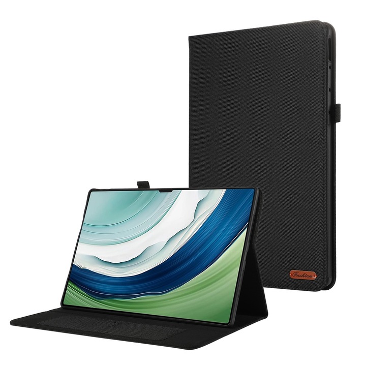 Husa tableta pentru Huawei MatePad Pro 13.2, piele de tecstil, tip carte, margini anti-soc, pliere inteligenta, negru
