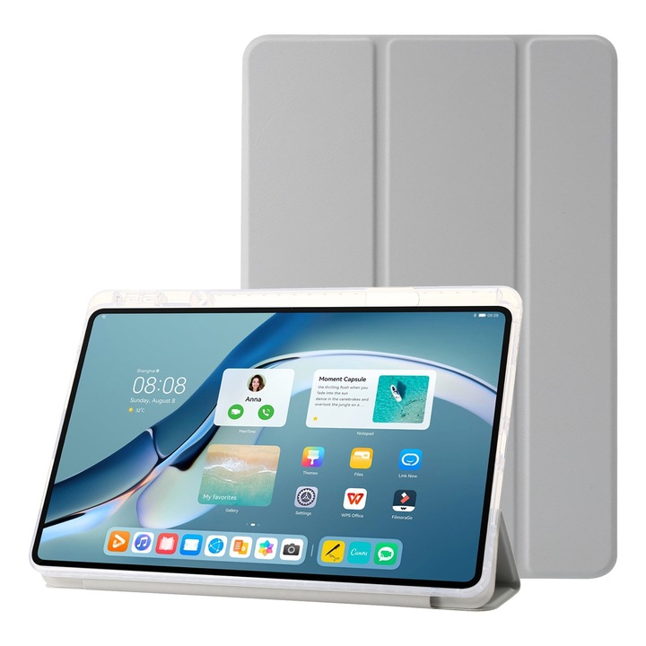 Калъф за таблет Huawei MatePad Pro 13.2 2023, прозрачен акрил, 3-сгъваем тип книга, кожен, сив