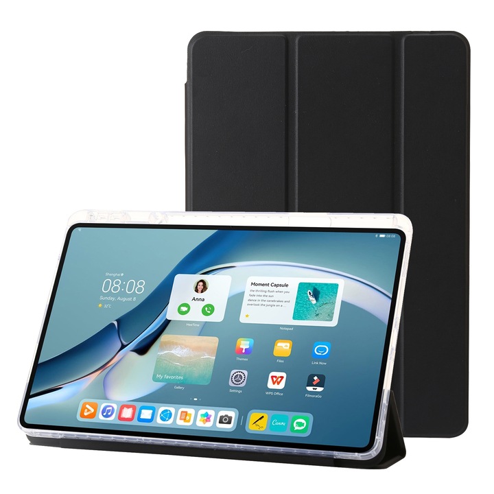 Калъф за таблет Huawei MatePad Pro 13.2 2023, прозрачен акрил, сгъваем тип книга на 3 пъти, кожен, пълна защита, черен