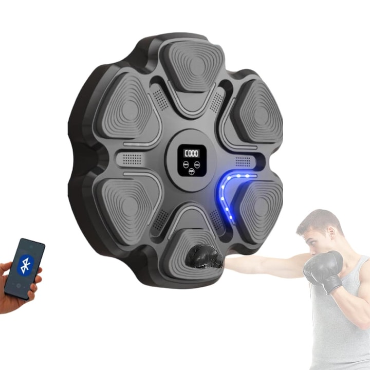 Музикална боксова машина, OPTIM SOLUTION, Bluetooth връзка, с високоговорител, LED осветление, за деца и възрастни, включени ръкавици, боксова / фитнес тренировка, за стенен монтаж, 38 x 27 x 32 см, XTO, черен
