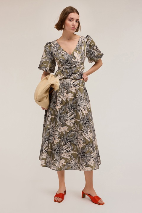 Motivi, Fusta evazata cu imprimeu tropical, Negru/Bej/Kaki, S