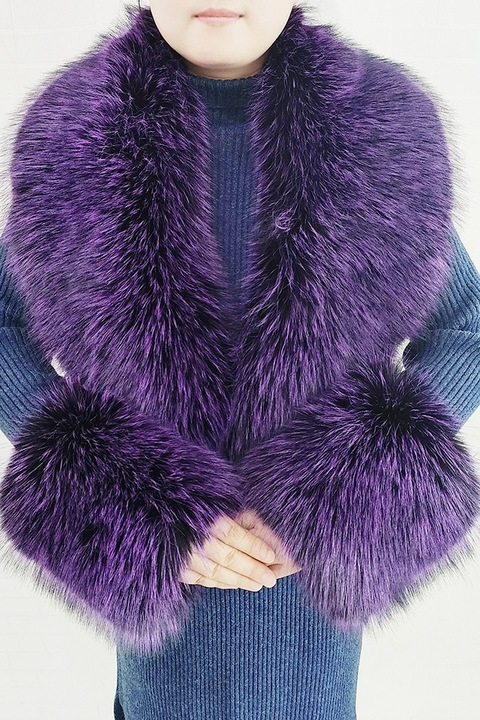 Guler de blana de imitatie pentru femei, guler si manchete de blana falsa calda la moda, guler si manchete de blana, potrivit pentru toate tipurile de haine si jachete de puf, 112x19cm, Mov