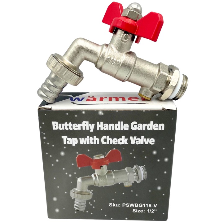 Robinet gradina 1/2", cu supapa de retur, din alama nichelata, cu supapa de evacuare, 105mm x 92mm