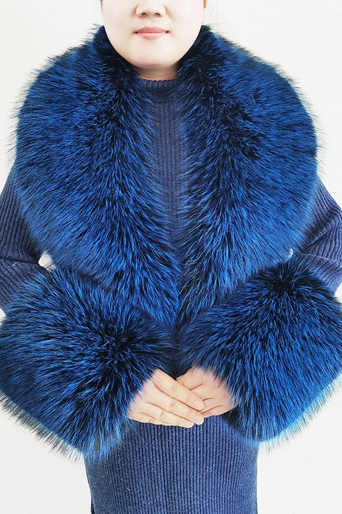 Guler de blana de imitatie pentru femei, guler si manchete de blana falsa calda la moda, guler si manchete de blana, potrivit pentru toate tipurile de haine si jachete de puf, 112x19cm, Albastru