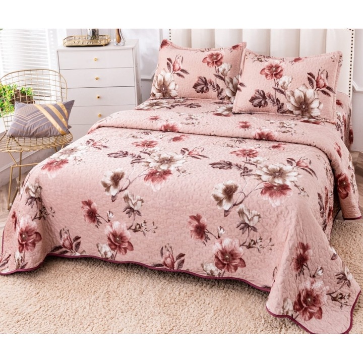 Cuvertura de pat, Bumbac si IN, 3 piese, 2 persoane, 230x250cm, Imprimeu Floral Multicolor