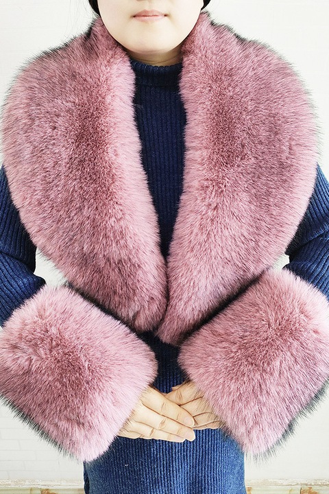 Guler de blana de imitatie pentru femei, guler si manchete de blana falsa calda la moda, guler si manchete de blana, potrivit pentru toate tipurile de haine si jachete de puf, Roz