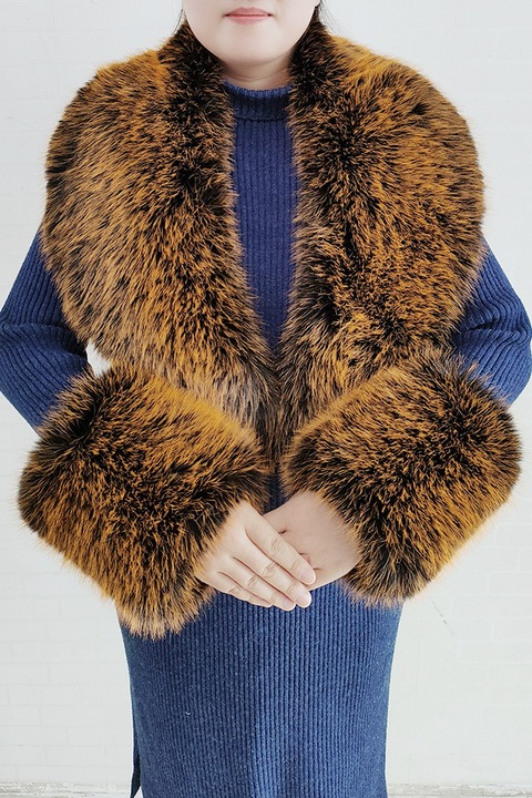 Guler de blana de imitatie pentru femei, guler si manchete de blana falsa calda la moda, guler si manchete de blana, potrivit pentru toate tipurile de haine si jachete de puf, 112x19cm, Negru/Portocaliu