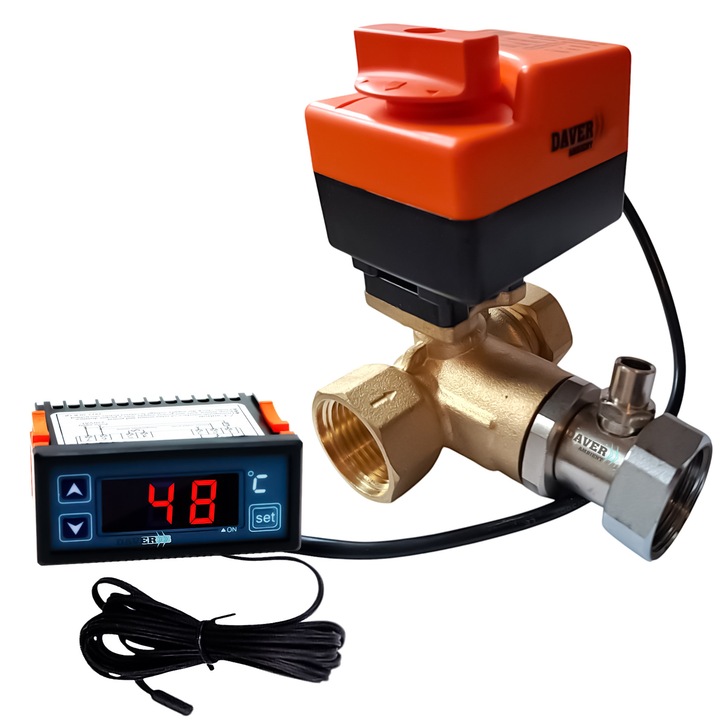 Electrovalva 3 cai rotativa Daver, 1" cu servomotor 230V, controler electronic de temperatura, dimensiuni DN25