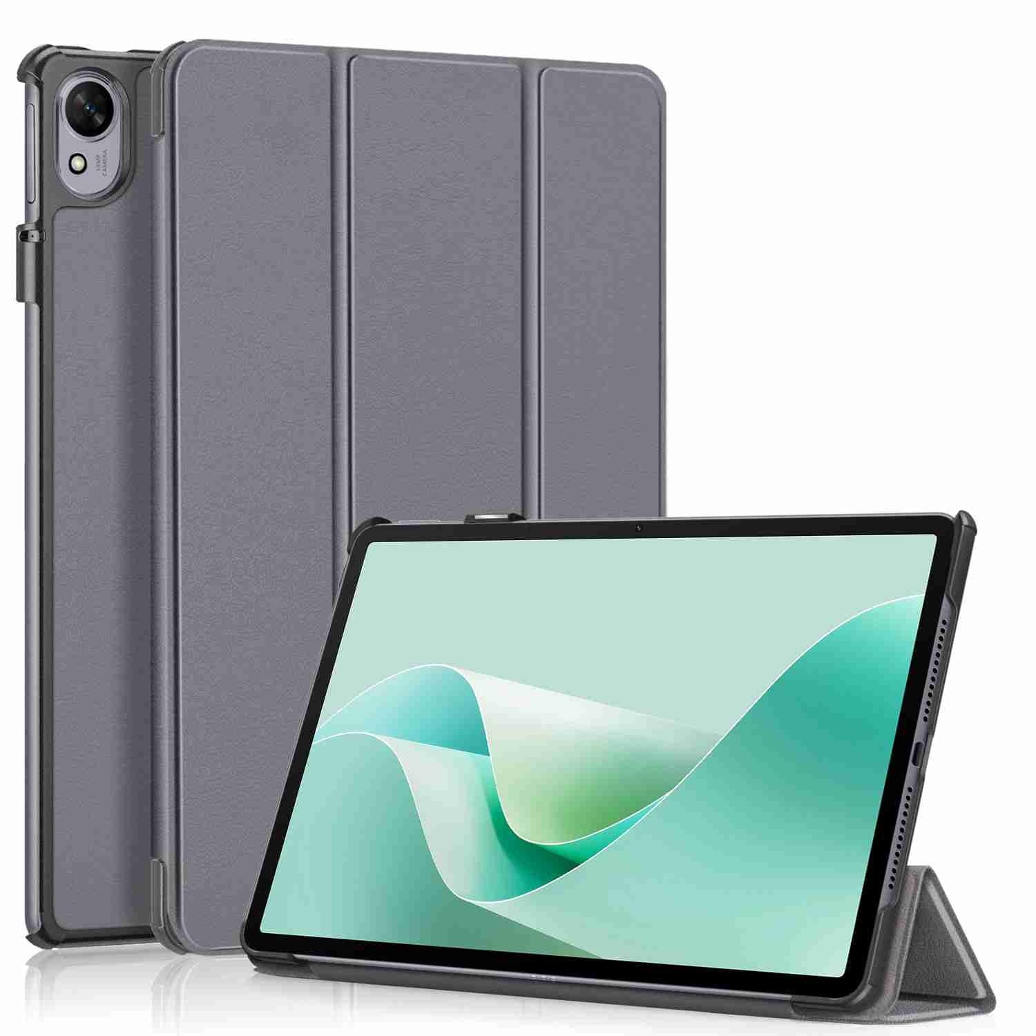 Husa tableta pentru Huawei MatePad 11.5S, piele smart texturata, tip carte cu suport, pliere 3-fold, gri