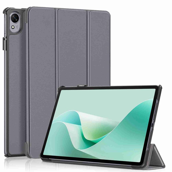 Husa tableta pentru Huawei MatePad 11.5S, piele smart texturata, tip carte cu suport, pliere 3-fold, gri
