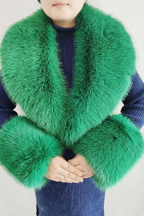 Guler de blana de imitatie pentru femei, guler si manchete de blana falsa calda la moda, guler si manchete de blana, potrivit pentru toate tipurile de haine si jachete de puf, 112x19cm, Verde