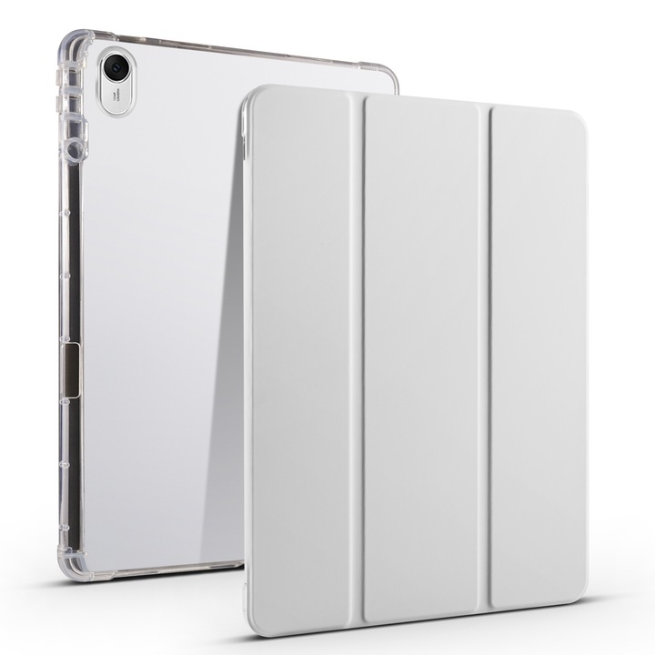 Husa tableta pentru Huawei MatePad 11.5S, TPU transparent 3 plieri, piele inteligenta, acces complet la porturi, gri