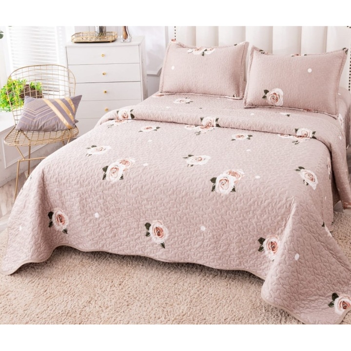 Cuvertura de pat, Bumbac si IN, 3 piese, 2 persoane, 230x250cm, Imprimeu Bujori, Multicolor