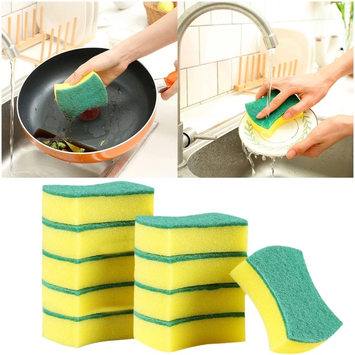 Burete de spalat vase ZYBLSSBB LSM2xh9906-BCS0241285, cu strat abraziv verde, galben/verde, set 10 buc, 9.5 x 7.5 x 2.5 cm