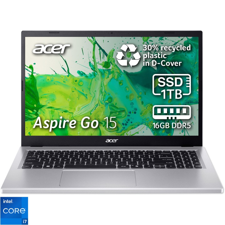 Acer Aspire Go 15 AG15-71P-757J laptop, Intel Core i7-13620H processzorral, akár 4.9GHz-ig, 15.6'', Full HD, IPS, 16GB DDR5 RAM, 1TB SSD, Intel UHD Graphics, operációs rendszer nélkül, Pure Silver Ezüst