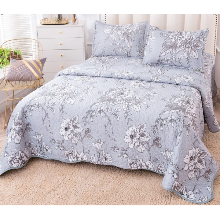 Cuvertura de pat, Bumbac si IN, 3 piese, 2 persoane, 230x250cm, Imprimeu Flori Albe, Multicolor