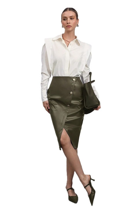 Rochie Dama, Midi, Piele Ecologica Cu Nasturi Aurii Si Despicatura In Fata, Verde inchis