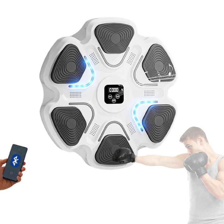 Музикална боксова машина, OPTIM SOLUTION, Bluetooth връзка, с високоговорител, LED осветление, за деца и възрастни, ръкавици включени, боксова/фитнес тренировка, за стенен монтаж, 38 x 27 x 32 см, XTO, бяла
