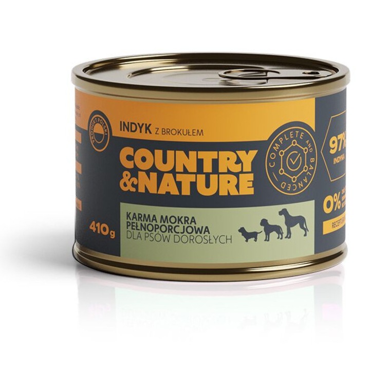 Hrana pentru caini, Curcan cu brocoli, COUNTRY&NATURE, fara cereale, 410g