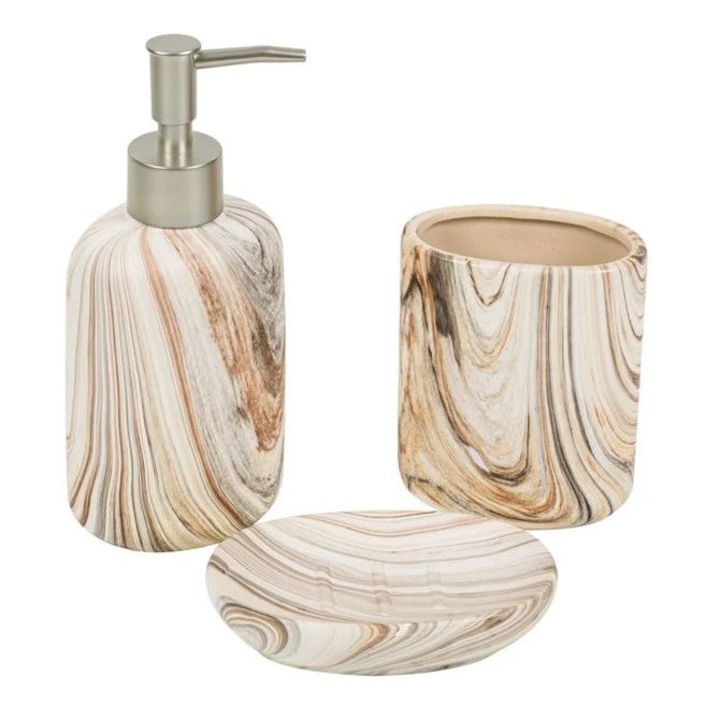 Комплект аксесоари за баня, керамика с мраморен вид, 3 части, дозатор за сапун, съд за сапун, поставка за четка за зъби, BREZIUM