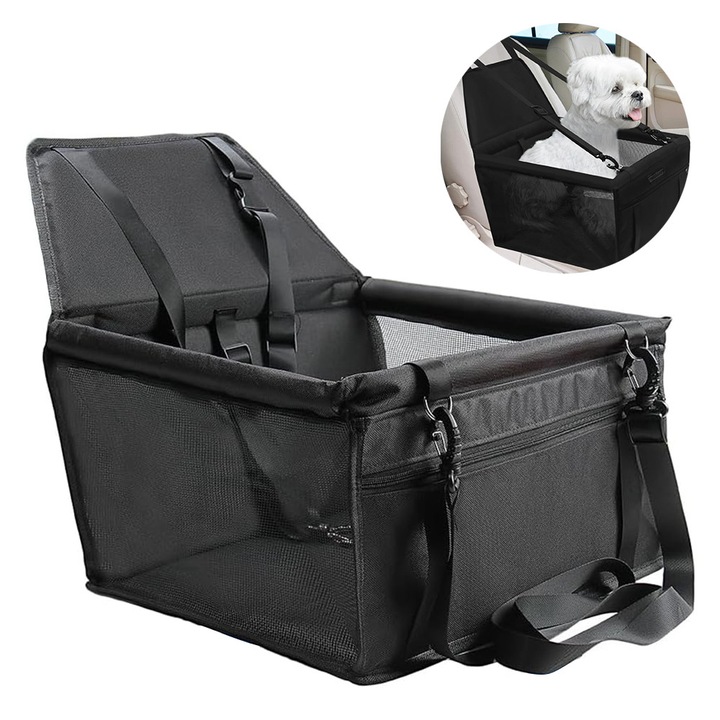 Scaun auto pentru caini, Autocise, pentru caini mici si medii, curea ajustabila, fereastra din plasa, negru, 40x33x25cm