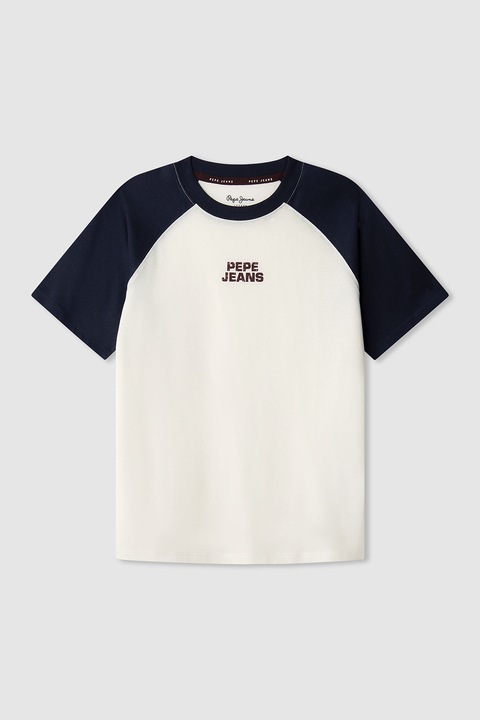 Pepe Jeans London, Kerek nyakú pamutpóló, Csontszín/Tengerészkék