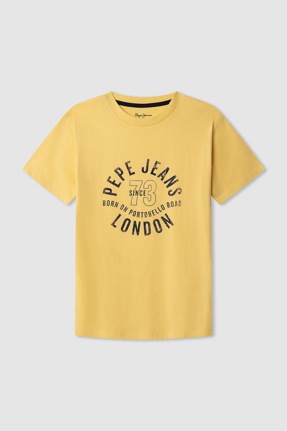 Pepe Jeans London, Tricou cu imprimeu logo si decolteu la baza gatului, Galben pai, Bleumarin, 176 CM