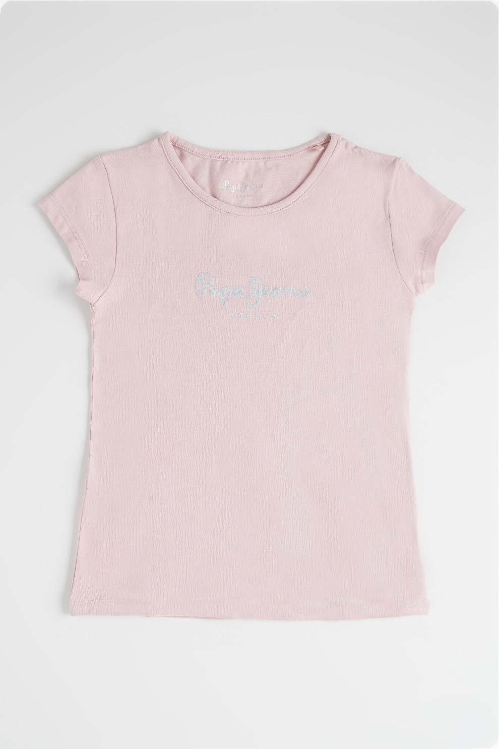 Pepe Jeans London, Tricou cu decolteu la baza gatului si logo stralucitor, Roz prafuit, 176 CM