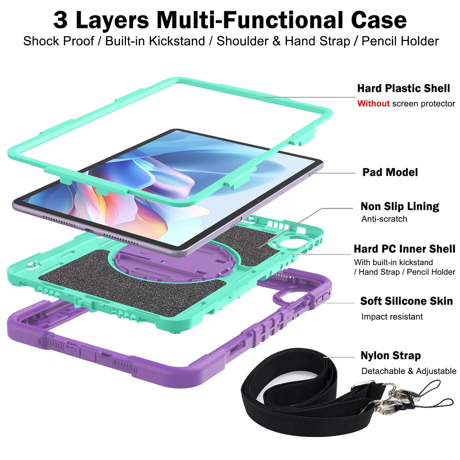 Husa tableta pentru Huawei MatePad 11.5 2023, contrast PC + silicon, design rotativ 360 de grade, violet + verde menta