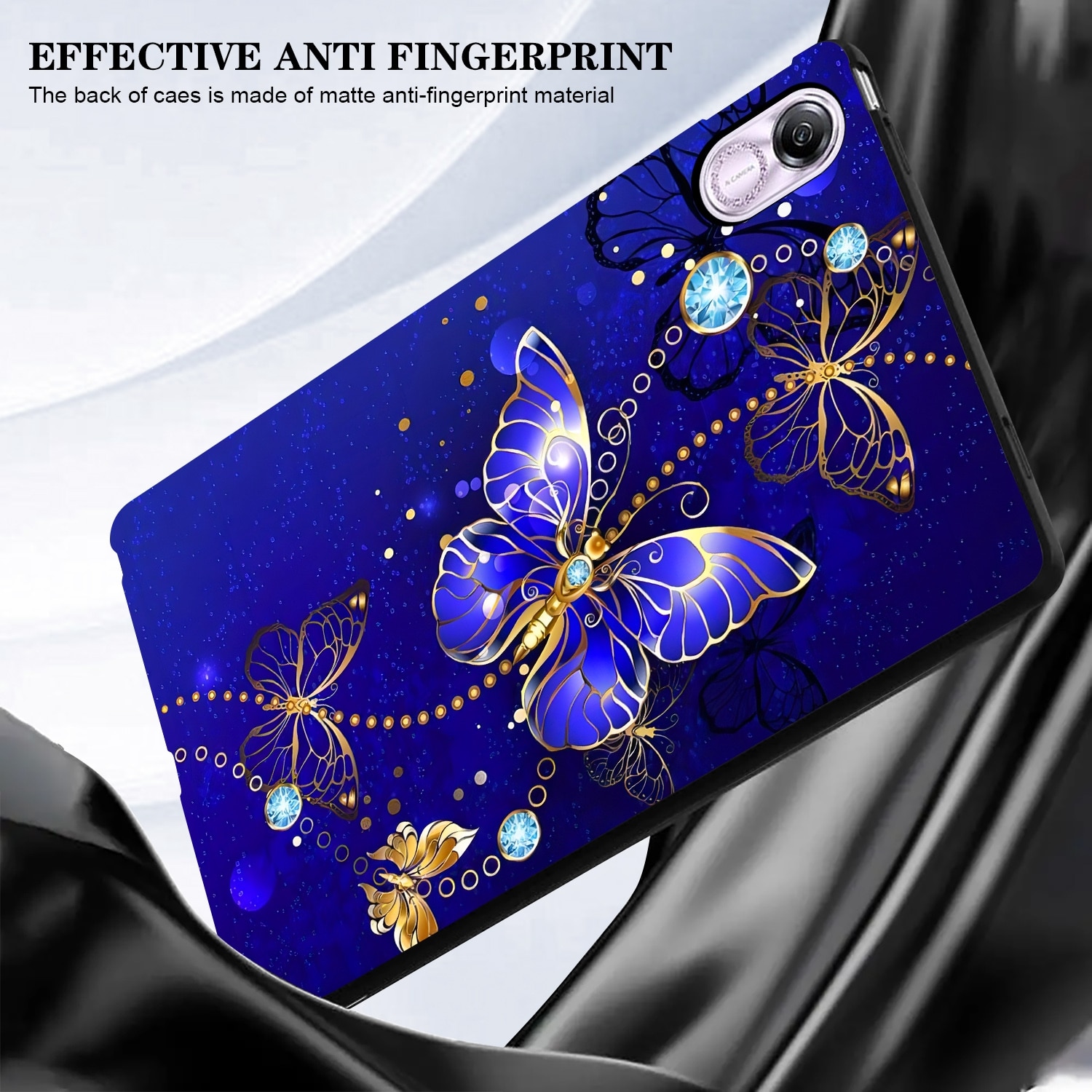 Husa tableta pentru Huawei MediaPad T5, material TPU, design cu desene colorate, protectie anti-zgarieturi, acces complet la porturi, albastru cu model fluture
