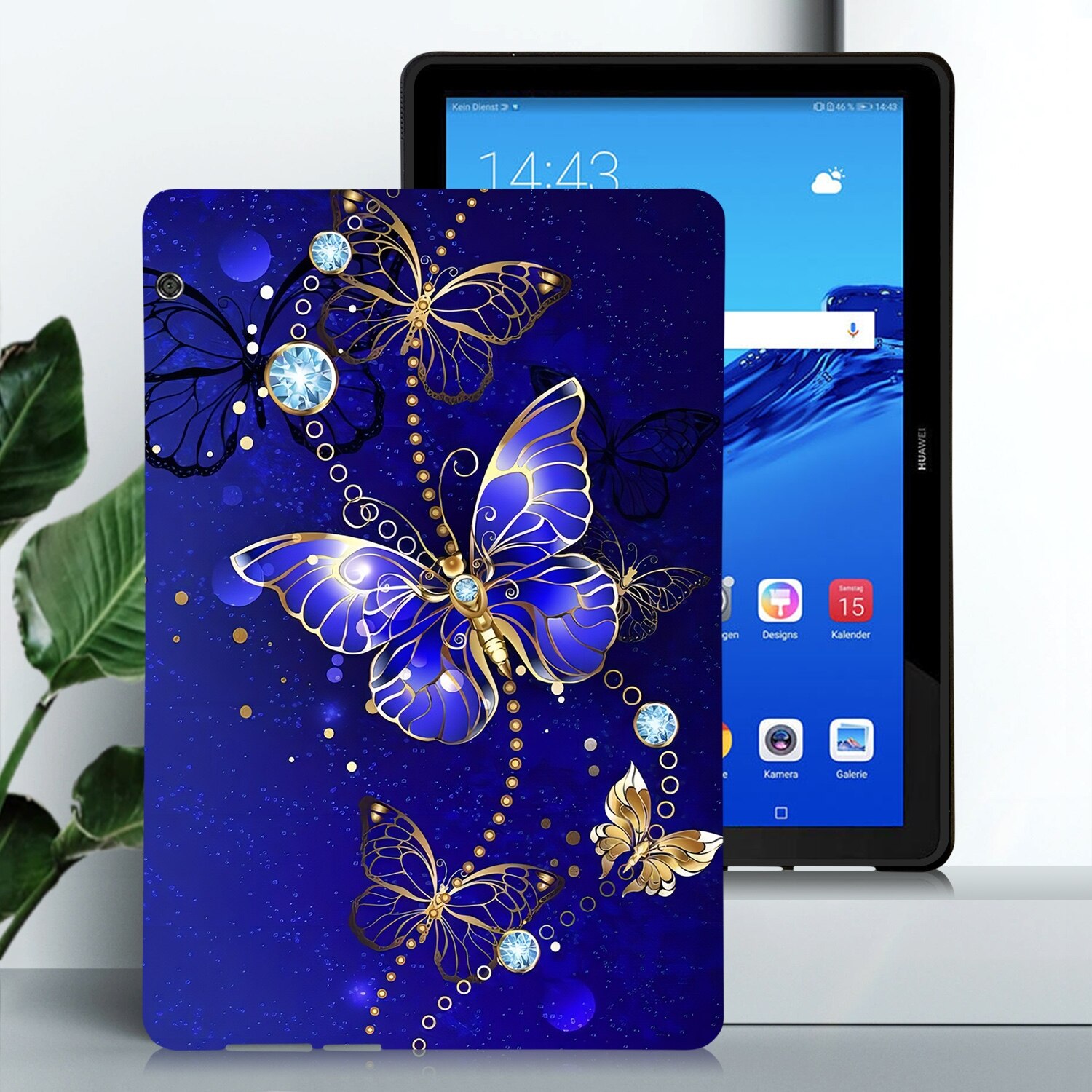 Husa tableta pentru Huawei MediaPad T5, material TPU, design cu desene colorate, protectie anti-zgarieturi, acces complet la porturi, albastru cu model fluture