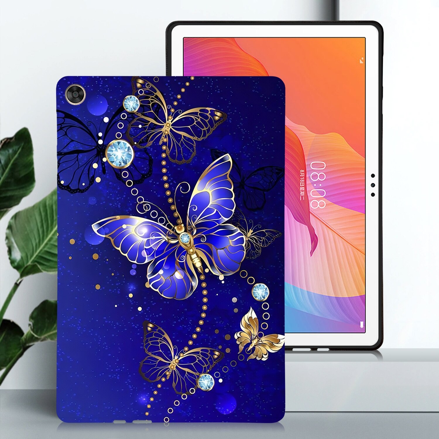 Husa tableta pentru Huawei MatePad T10s, TPU, design cu model pictat, protectie anti-zgarieturi, suport pentru vizionare, albastru cu fluturi