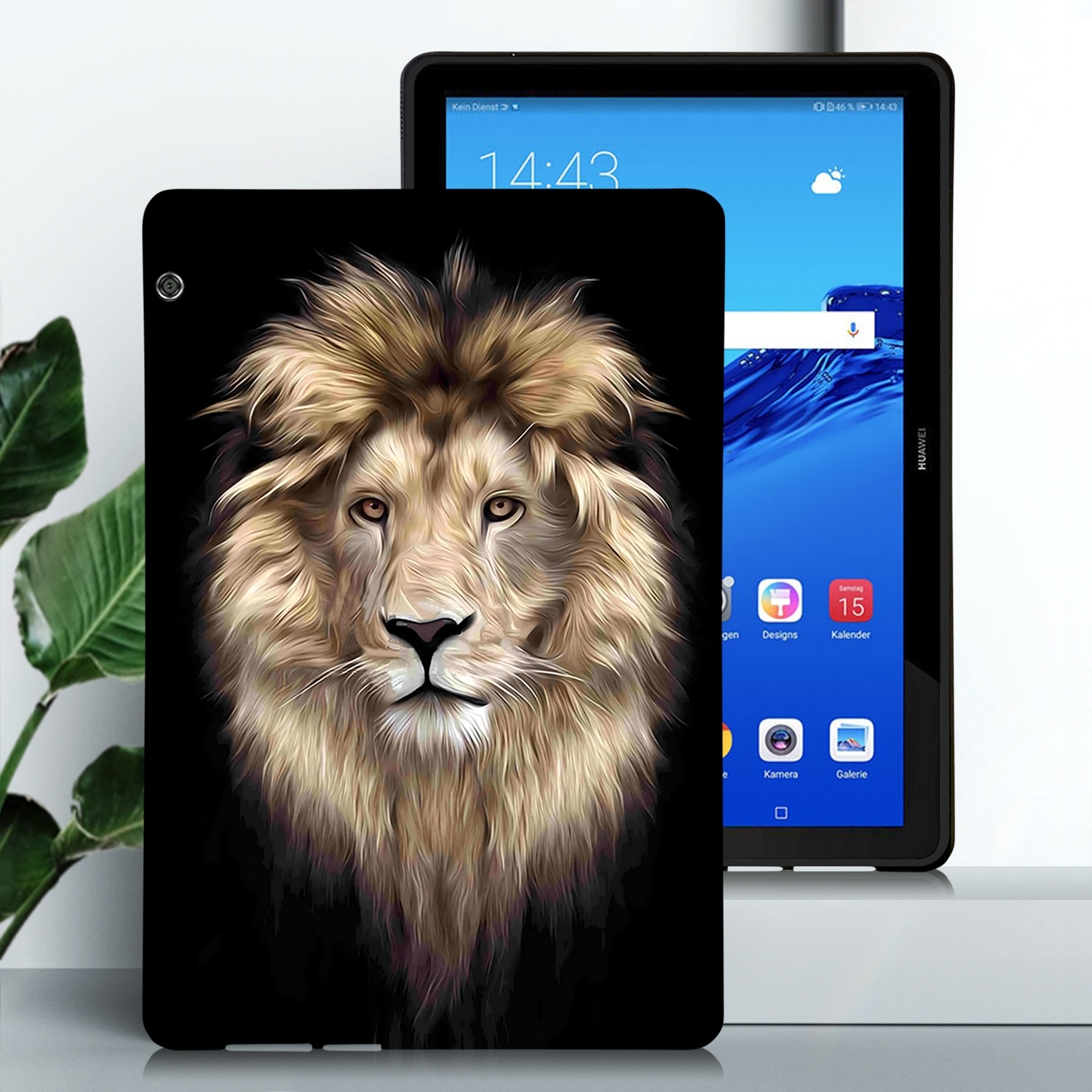 Husa tableta pentru Huawei MediaPad T5, design pictat colorat, TPU, tip carte, protectie anti-zgarieturi, acces complet la porturi, model Leu, multicolor
