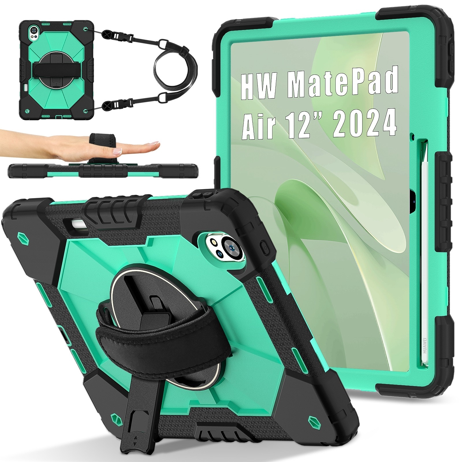 Husa tableta pentru Huawei MatePad Air 12 2024, silicon hibrid PC, design robot, protectie anti-soc, suport pentru vizionare, negru verde menta