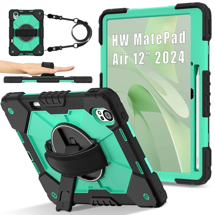 Husa tableta pentru Huawei MatePad Air 12 2024, silicon hibrid PC, design robot, protectie anti-soc, suport pentru vizionare, negru verde menta