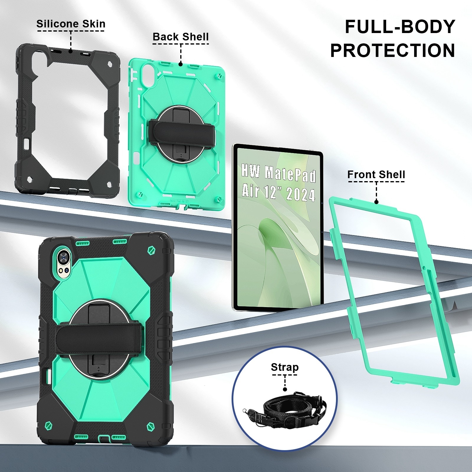 Husa tableta pentru Huawei MatePad Air 12 2024, silicon hibrid PC, design robot, protectie anti-soc, suport pentru vizionare, negru verde menta