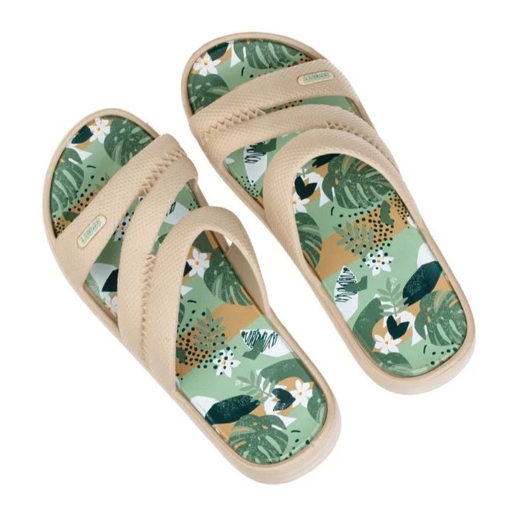 Papuci de plaja, pentru femei, model plamier, bareta tripla, bej/verde, 40